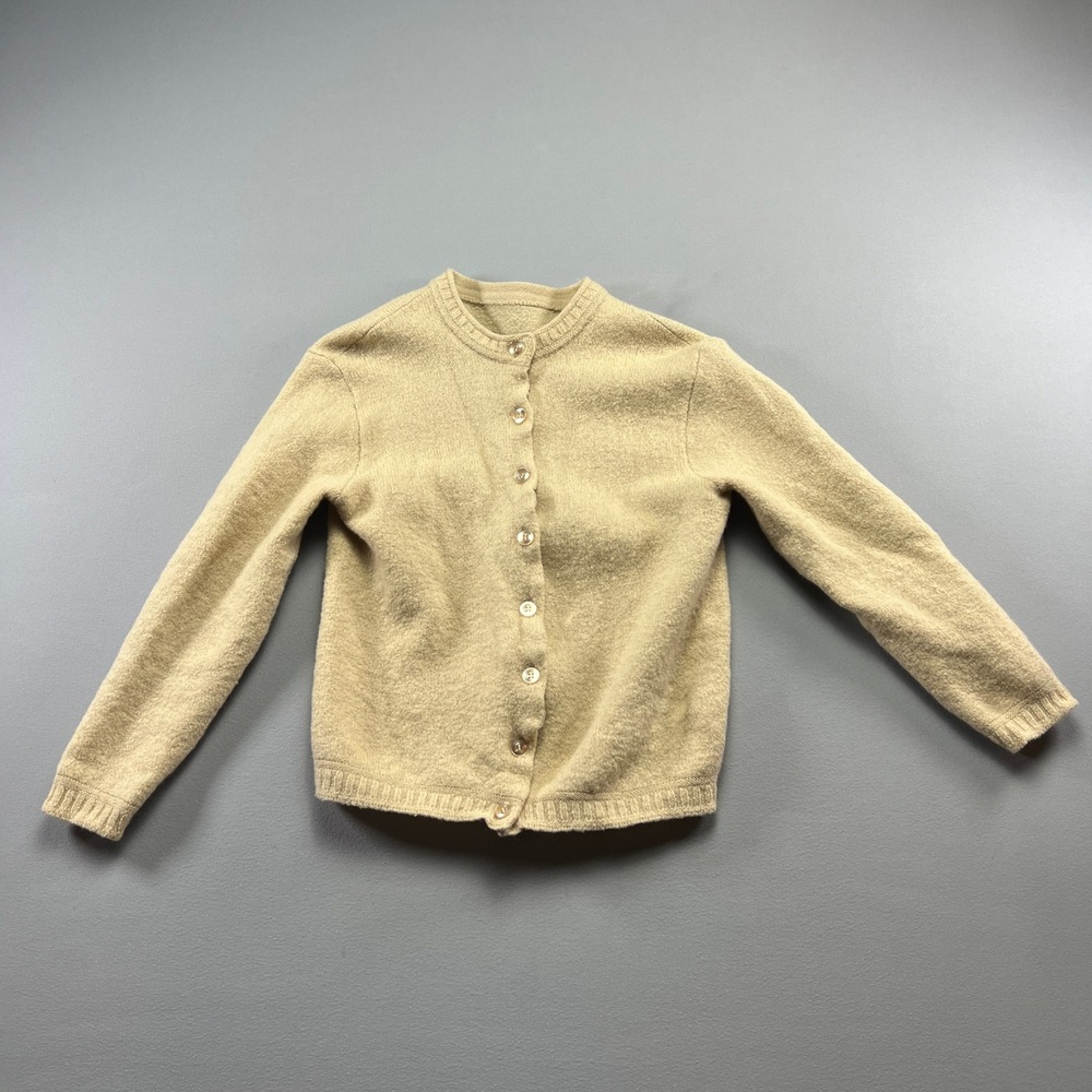 Vintage Womens Cardigan Sweater XS Beige Knit Textured Classic Crew Neck Winter